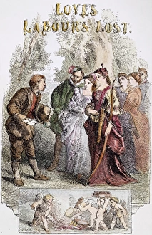 Drucke von LIEBES ARBEIT VERLOREN.Titelblatt einer 19. Jahrhundert Ausgabe von Shakespeares Liebe Labour Lost : Holzschnitt nach Sir John Gilbert John Gilbert Drucke: LOVES LABOUR LOST. Titelseite einer 19