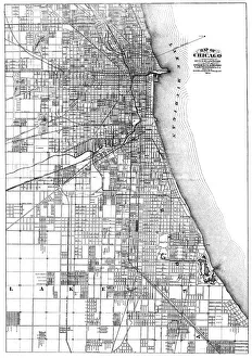 Drucke von Karte: CHICAGO (IL), 1874. Karte von Chicago und Umgebung als Linientiefzeichnung aus dem Jahr 1874 vom Künstler Rufus Blanchard Illinois Drucke: Karte: CHICAGO (IL), 1874