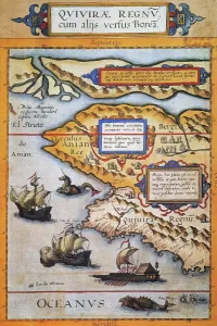 Amerika Drucke: BERING STRAIT KARTA, 1593