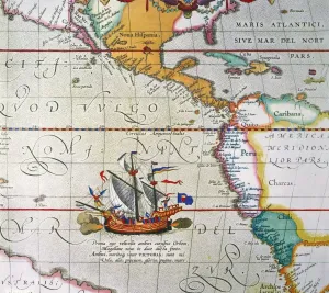Drucke von Magellan: Victoria, 1590. Ferdinands Schifffahrt der Viktorien unter voller Segelstau. Details aus Abrahams Ortelius Karte des Pazifiks von 1590 O Drucke: Magellan: Viktorien, 1590. Ferdinands Schifffahrt der Victoria unter voller Segel