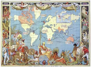 Drucke von Karte: BRITISCHES REICH (BRITTANISCHE INSELN), 1886. Die Karte von Walter Crane aus dem Jahr 1886 zeigt das britische Reich C Drucke: Karte: BRITISCHES REICH, 1886. Karte von Walter Crane aus dem Jahr 1886