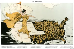Frauenwahl 1915. Die Erweckung. Amerikanische Zeichentrickfilm von Henry Mayer aus dem Jahr 1915 mit einer allegorischen Darstellung des Wahlrechts für Frauen, die bereits in den westlichen Staaten das Recht zur Stimmabgabe hatten und sich nach Osten bewegten, wo sie auf sie zugingen. Unterdessen ist unter der Zeichnung eine von Alice Duer Miller geschriebene Gedichtdruck zu finden