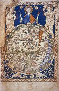 Drucke von WELT-KARTA, 13. JAHREHNUNDERTSCHWERIGKEIT. Zentriert auf Jerusalem aus einem frühen englischen Psalter von Anfang des 13. Jahrhunderts Karte Drucke: WELT-KARTA, 13.JHUNDERT. Mit Jerusalem im Mittelpunkt und aus einer frühen englischen mittelalterlichen Quelle