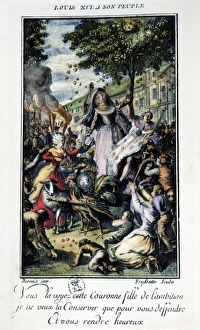 French Engraving Drucke: MARIE-OLYMPE de GOUGES (1748-1793) presenting her Declaration to Marie Antoinette and Louis XVI
