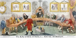 Die Untersuchung eines jungen Chirurgen. Satirisches Radierbild von 1811 von George Cruikshank