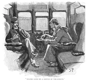 Sherlock Holmes und Dr. Johannes Watson. Zeichnung von Sidney Paget für die Strandzeitschrift zum Erzählung "Die Abenteuer des silbernen Blitzes", 1892