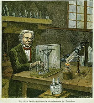 Physiker Drucke: MICHAIL FARAID (1791-1867), die grundlegende Gesetze der Elektrolyse herstellend: gefärbte Lithographie aus dem 19