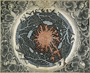 Drucke von Der Erdteil dargestellt als eine Querschnittszeichnung mit einem zentralen Feuerkern umgeben von unterirdischen Seen und Flüssen. Kupferstich aus dem 'Mundus subeterraneus', 1664 K Drucke: Der Erdteil dargestellt im Schnittstück als einen zentralen Feuerkern umgeben von unterirdischen Seen und Flüssen