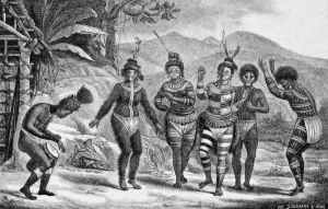Drucke von Amazonas: Ureinwohner Südamerikas im oberen Amazonastal tanzten, Lithografie aus dem Werk von Jean-Baptiste Debret 'Reise durch Brasilien', 1816 Jean Baptiste Debret Drucke: Amazonas: Ureinwohner Südamerikas in der Ober-Amazone