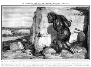 Neandertalermann. Erster Rekonstruktionsversuch eines Neandertalers, aus dem La-Chapelle-aux-Saints-Neanderthalskelett, das im Jahr 1908 in Frankreich entdeckt wurde. Zeichnung von Frantisek Kupka mit Hilfe von Marcellin Boule. Veröffentlicht in The Illustrated London News am 27 Februar 1909