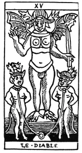 Okkultes Drucke: Tarotkarte: Der Teufel (Die Krankheit). Holzstich, französischer Stil, 16. Jahrhundert