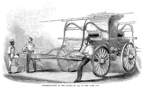 Antique Wood Engraving Art Drucke: FIRE ENGINE, c1853. Fire engine no. 38, of New York City. Wood engraving, American