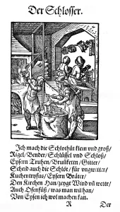 Drucke von SCHLüsseldienstmann (Hans Sachs), 1568. Der Schlüsseldienstmachere macht Schlosser, Schlösser, Bolzen mit Ketten und Eisenkisten sowie Gitter und Wetteruhren usw Hans Sachs Drucke: SCHLüsseldienstleister 1568 Der Schlusselmeister macht Schlosser Schlösser Scharniere Ketten Eisenkästen Griffe