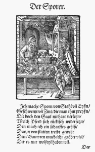 German Craftsman Drucke: SPUR MAKER, 1568. A maker of spurs and bits in his workshop