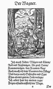 Renaissance Craftsman Drucke: WAGONWRIGHT, 1568. The wagonwright, a maker of wheels, wagons, carts, carriages and plows