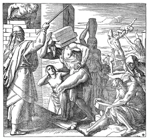Vintage Religious Illustrations Drucke: EXODUS: HEBREWS BUILDING with bricks. Wood engraving, 19th century