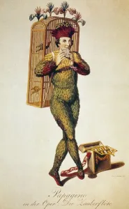 Drucke von WOLFGANG AMADEUS MOZART : DIE ZAUBERFLÖTE , 1791. Der Charakter Pappageno aus Wolfgangs Amadeus Mozart 's Oper Die Zauberflöte vom Jahr 1791 . Moderne österreichische Illustration Zeitgenössische Kunst Drucke: Mozart: Zauberflöte, 1791