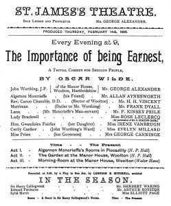 St James Theatre London Drucke: WILDE: PLAY PROGRAM. Program for the first performance of The Importance of Being Earnest