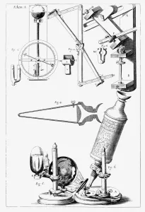 Historical Science Instruments Drucke: Hookes compound microscope. Copper engraving from Hookes Micrographia