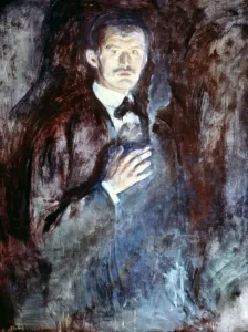 Drucke von EDVARD MUNCH (1863-1944). norwegischer Maler und Radierer. Selbstporträt mit Zigarette. Öl auf Leinwand, 1895 Edvard Munch Drucke: EDVARD MUNCH (1863-1944). norwegischer Maler und Drucker. Selbstporträt mit Zigarette