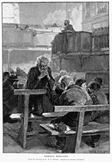 Urfremde Methodevänner im Gebet (Primitive Methodisten bei dem Gebet). Holzgravur nach einem Gemälde von William Holt Yates Titcombe aus den Jahren 1888 über die Urfremdenmethodevner-Gemeinde der Fore Street, St. Ives, England