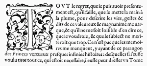 French Wood Engraving Drucke: PRINTING INITIAL, c1584. Initial T. Wood engraving, French, c1584