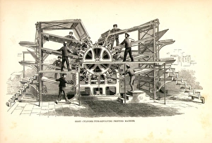 American Industrial Revolution Drucke: PRINTING PRESS, 1847. Richard Hoes eight-cylinder revolving newspaper printing press: contemporary wood engraving