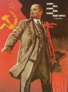 Sozialistisches Plakat aus dem Jahr 1967. Lenins Leben lebt weiter - Lenins Leben lebte und wird für immer leben! Entwurf von Viktor Ivanow der Sowjetunion im Jahre 1967