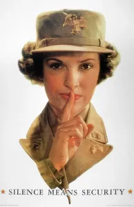 Stille bedeutet Sicherheit, amerikanisches Plakat des Zweiten Weltkriegs mit einer WAC-Warnerin über die Gefahr unbedachter Sprechens