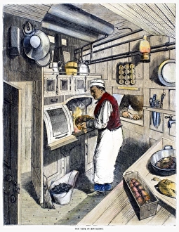 Vintage Transportation History Drucke: PULLMAN CAR, 1877. The cook in a Pullman dining car. Wood engraving, American, 1877