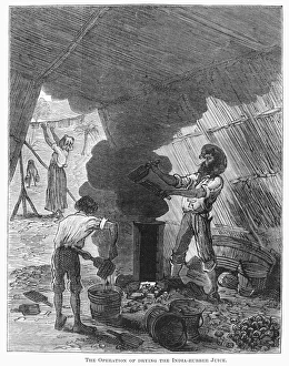 Antique Line Engravings Drucke: RUBBER PROCESSING. Drying India-rubber juice. Line engraving, c1880