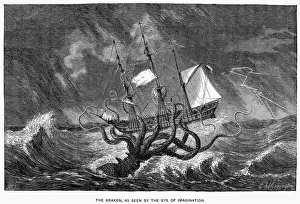 Schauspielmonster des Meerwasserzeitalters, 19.Jh. Das legendäre skandinavische Meeresmonster Kraken greift ein Schiff an. Holzstechung aus dem 19.Jh