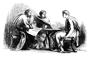 Drucke von SCHOTTENDECKEL: JULIUS CAESAR.Antony und Octavius sowie Lepidus plotten die Todesfälle ihrer Feinde in Akt IV, Szene I von William Shakespeares Julius Casesar : Holzstich, 1881, nach Sir John Gilbert John Gilbert Drucke: Shakespeare: Julius Caesar. Antonius und Octavius sowie Leptin plotteten die Todesfälle ihrer Feinde im Akt IV