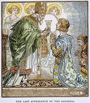 Sir Galahad und der heilige Gral Der Sir Galahad knieelt vor dem Anblick des Heiligen Graals. Holzschnitt von Donn P. Crane