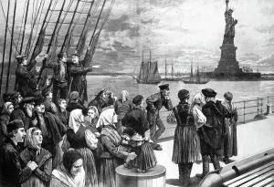 Einwanderer auf Schiffen im Jahr 1887. Einige Passagiere der Steuerdeck eines Seefahrzeugs vor dem Denkmal von Freiheit während einer Fahrt durch den Hafen von Neuwieden (New York). Radiergang, 1887