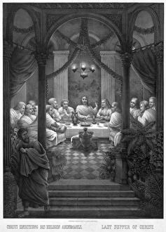 New Testament Art Drucke: THE LAST SUPPER. Jesus and his disciples at the Last Supper. Line engraving, c1886