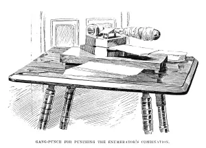 Drucke von Statistische Maschine aus dem Jahr 1890; Gangpunch von Herman Hollerith zur statistischen Aufzeichnung der elften US-amerikanischen Volkszählung des Jahres 1890 Herman Hollerith Drucke: Zensusmaschine, 1890. Schlagpunchgang von Hermann Hollerith für die Statistik