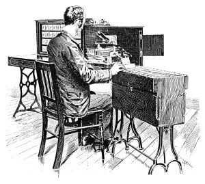 Late 19th Century Inventions Drucke: CENSUS MACHINE, 1890. Operating the sorting and counting mechanism for the statistical