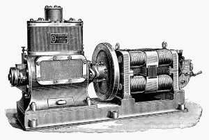 Dampfmaschinenantriebener Dynamo. Von der Firma Westinghouse gebaut, Ende des 19.Jh