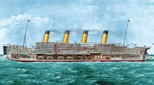 Drucke von Der Titanic , 1912.Schneidewand des Titanik , der weißen Stargliner die im Nordatlantik unterging ist am 14-15 April 1912 nachdem sie auf Eisberge in ihrem ersten Reiseabenteuer gestoßen war Zeitgenössische Kunst Drucke: Der Titanic , 1912 . Schnittstelle des Titanics