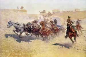 Frederic Remington Art Drucke: REMINGTON: ATTACK. Attack on a Supply Train. Oil on canvas by Frederic Remington