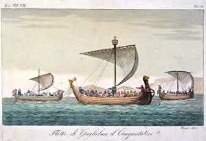 Medieval Maritime Art Drucke: WILLIAM THE CONQUEROR (1027?-1087). The kings fleet; copper engraving, Italian, c1800