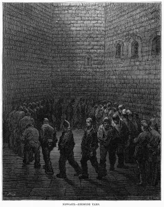 DORE, LONDON, 1872. Neuwaleisischer Gefängniskirchhof (Neue Gegend) - Übungsplatzgarten. Holzschnitt nach Gustav Doré aus London