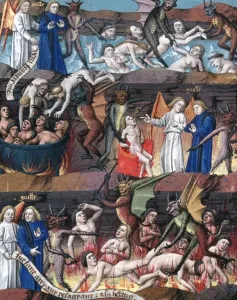 HELL: STRAFUNG. Dämonen bestrafen Sündige im Himmel. Manuskriptillustration, Französisch
