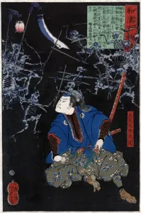 Drucke von Japanische Samuraikrieger. Der japanische Samurai Krieger Oya-Tarō-Mitsukuni beobachtet eine Szene aus einem Kampf zwischen Armee von Skeletten. Holzstichdruck von Yoshitoshi Taiso, 1865 Y Drucke: Japanischer Samurai. Japanischer Krieger Oya Taro Mitsukuni beobachtet einen Kampf