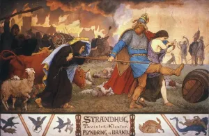 Vikinger plünderen ein Kloster. Gemälde von Lorenz Frolich, 1883