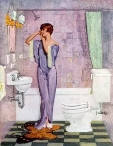 Drucke von Frau im Badezimmer aus den 30er Jahren Großbritannien c-c Innenräume Badezimmern Toiletten Frauen-Nachtkleid Nachtanzug Nachtmantel Standard-Plumbings Badewanne Frau zu Frauen Badezimmer Drucke: Frau im Badezimmer, England der 1930er Jahren Innenräume Bad Duschen Nachtmanteln für Frauen