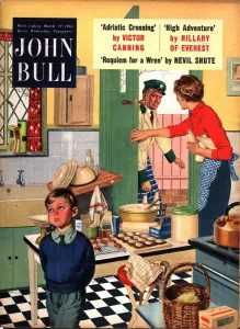 Drucke von Der John Bull 1955 aus der UK kocht ungeschickt Milchmann, Milchmänner Küche Haushalte Frau Haushälterin Frauen im Kühlsalon Küche Drucke: Der John Bull aus den Fünfzigerjahren in Großbritannien war bekannt für seine leckeren Kreationen