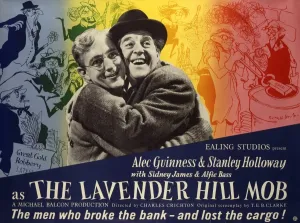 Drucke von Entworfen von S. John Woods mit Illustrationen von Ronald Searle zum Werben für die Veröffentlichung des Komödiens, das Alec Guinness und Stanley Holloway spielt Film und Filmplakate: Die Lavendelhügel-Mob-Bildmarke für die Veröffentlichung des Films im Jahr 1951