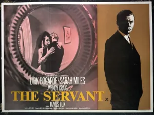 Drucke von Dirk Bogarde, Sarah Miles und James Fox im Plakat für Joseph Losey's Der Diener (1963) L Drucke: Britische Quad-Arbeit für The Servant (1963)